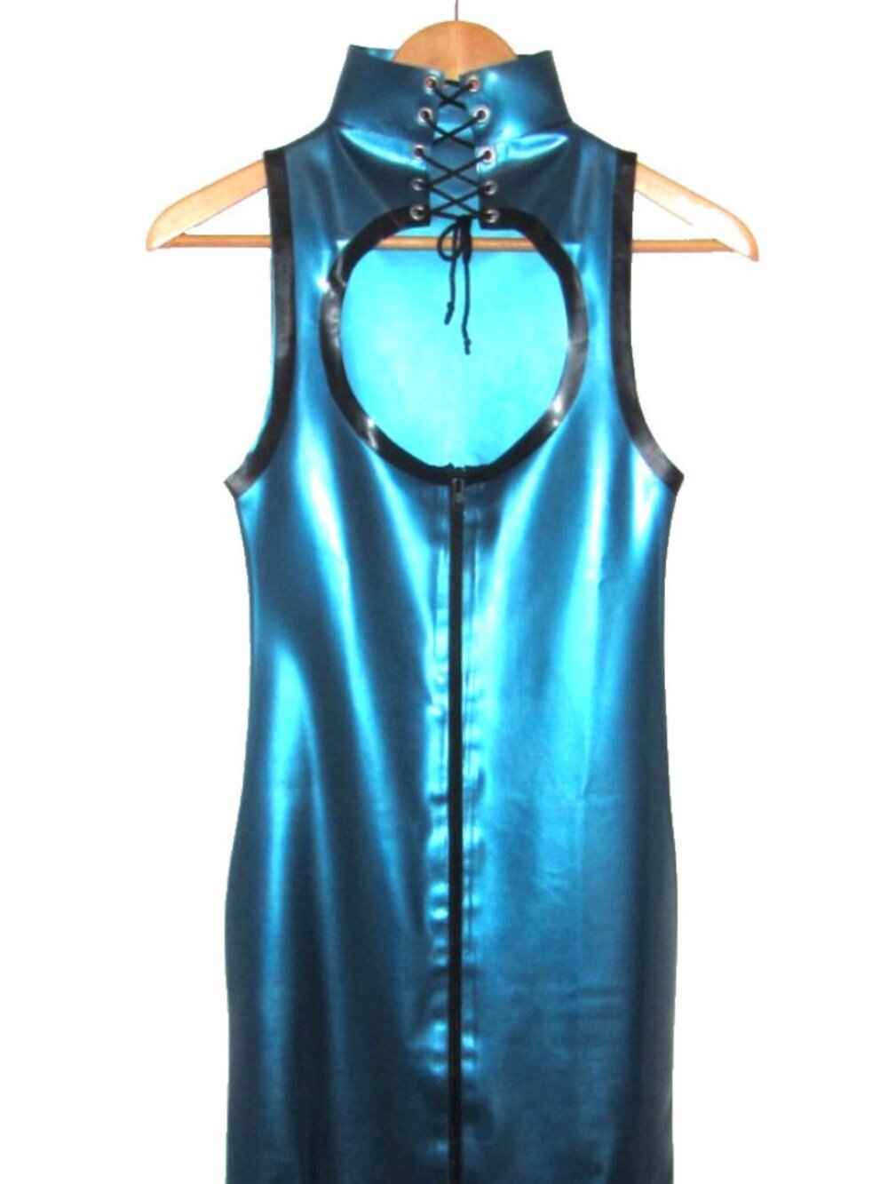Latexa Metallic Blue Latex Sleeveless Keyhole Dress Black Trim Lace-Up Collar M